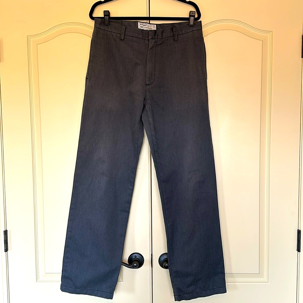 Grey khakis. Soft, brushed finish. Plain front.